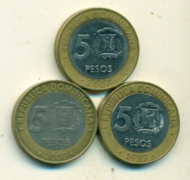 3 BI-METAL 5 PESO COINS,,the DOMINICAN REPUBLIC..1997, 2007 & 2008..3 TYPES - Fresh Stock Dated February 2026