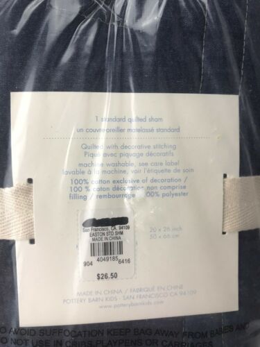 NEW Pottery Barn Kids Easton Quilted Standard Pillow Sham Navy Blue - Fresh Stock Dated December 2025