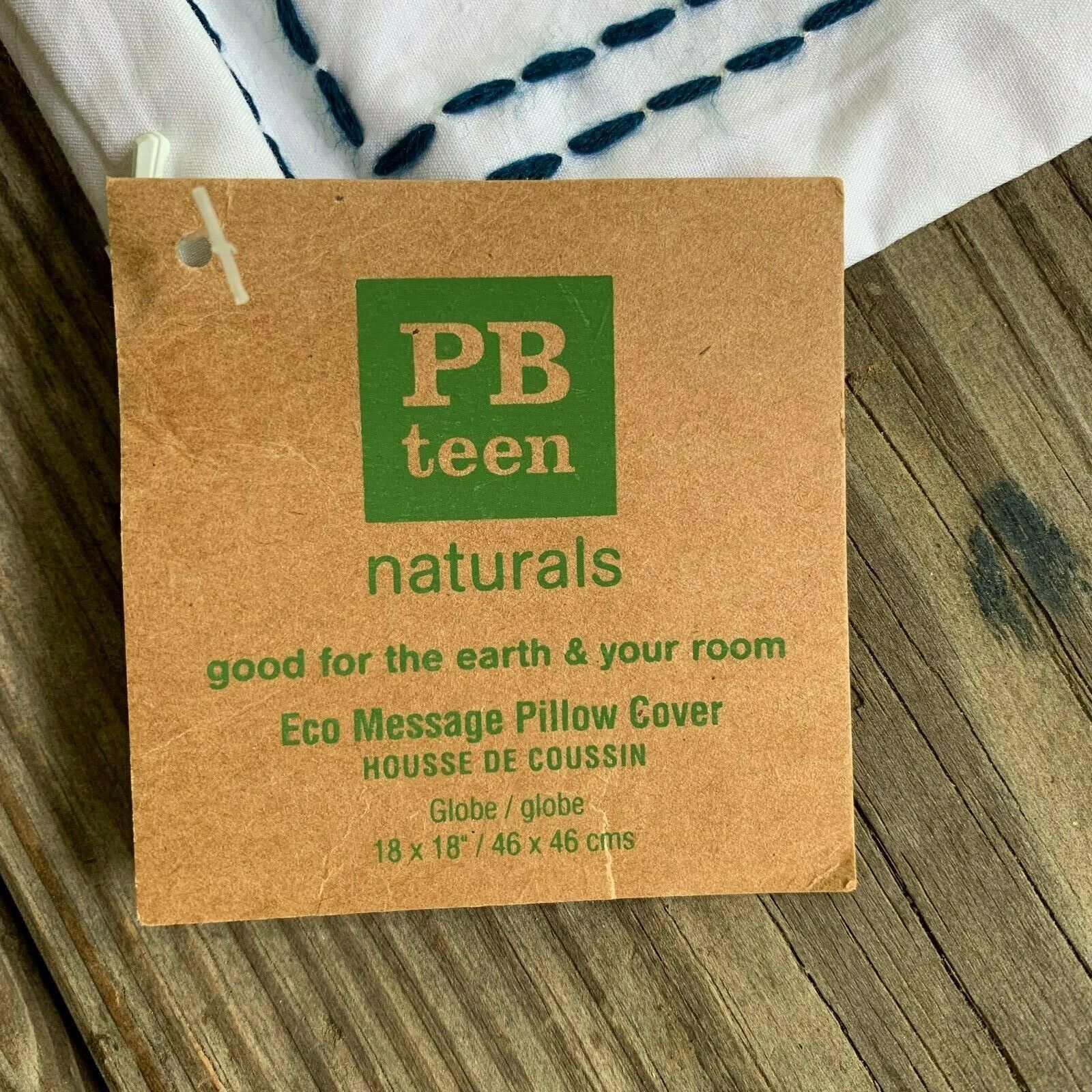 POTTERY BARN PB Earth Eco Message Embroidered Pillow Cover 18 x 18 NWT - Fresh Stock Dated December 2025