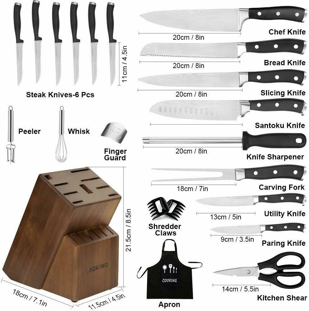 Knife Set, 21-Piece Kitchen Knife Set with Block Wooden German Stainless Steel - Fresh Stock Dated December 2025