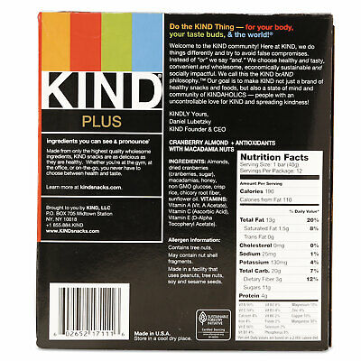 KIND Plus Nutrition Boost Bar Cranberry Almond and Antioxidants 1.4 oz 12/Box - Fresh Stock Dated December 2025