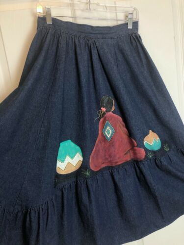 Vintage Kayo of California Hand Painted Denim Skirt sz 10 Southwestern Native - Fresh Stock Dated February 2026