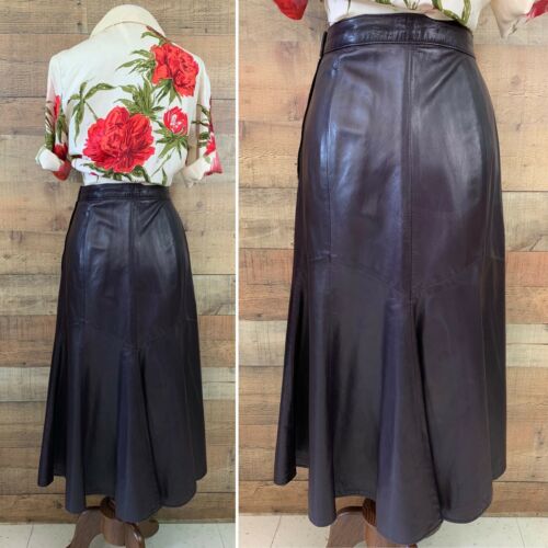 Vintage Purple Soft Leather High Waisted Fluted Skirt - Fresh Stock Dated December 2025