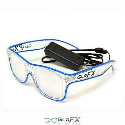 Blue LED Diffraction Glasses Light up EL Wire wrapped 3 mode flashing strobing - Fresh Stock Dated February 2026