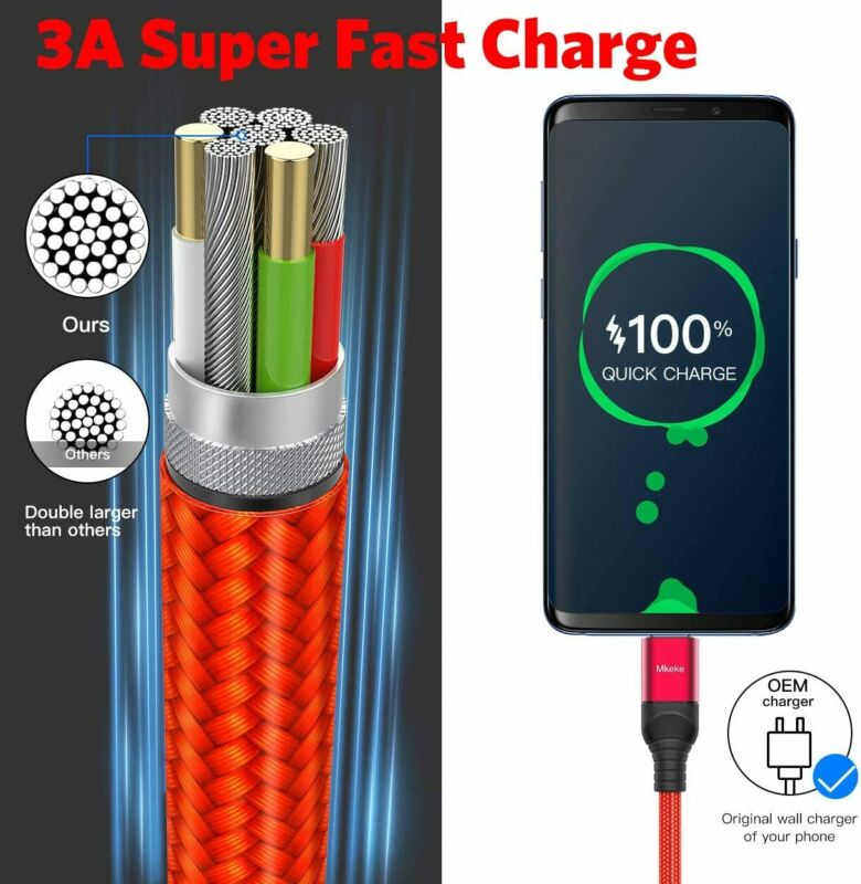 USB C Cable, 3-Pack Mkeke Type C Charger Cable Premium Nylon A-Red - Fresh Stock Dated February 2026