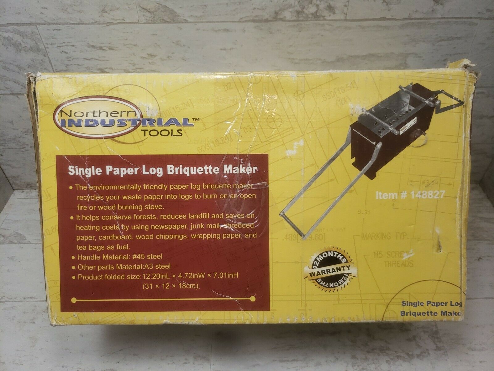 Single Paper Log Briquette Maker # 148827 Northern Industrial Tools Lightly Used - Fresh Stock Dated December 2025