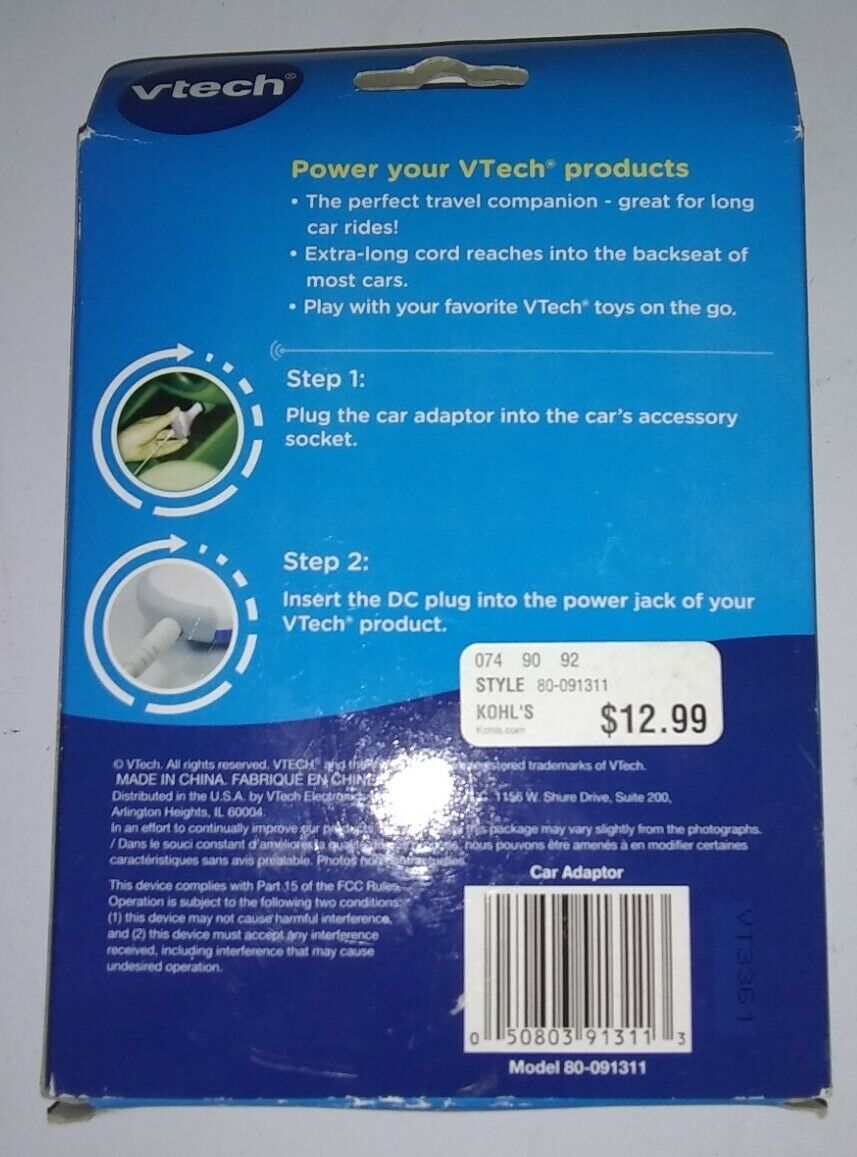Vtech Car Adaptor/ For Use With All Compatible VTech Products New Open Box - Fresh Stock Dated February 2026