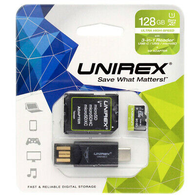 Unirex 128GB Waterproof, X-Ray Proof MicroSD with USB Reader & SD Adapter - Fresh Stock Dated February 2026