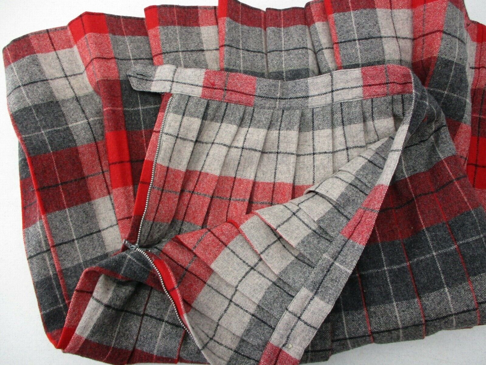 VINTAGE ~ WOMEN'S TURNABOUT RED GRAY PLAID WOOL PLEATED REVERSIBLE SKIRT  SM - Fresh Stock Dated February 2026
