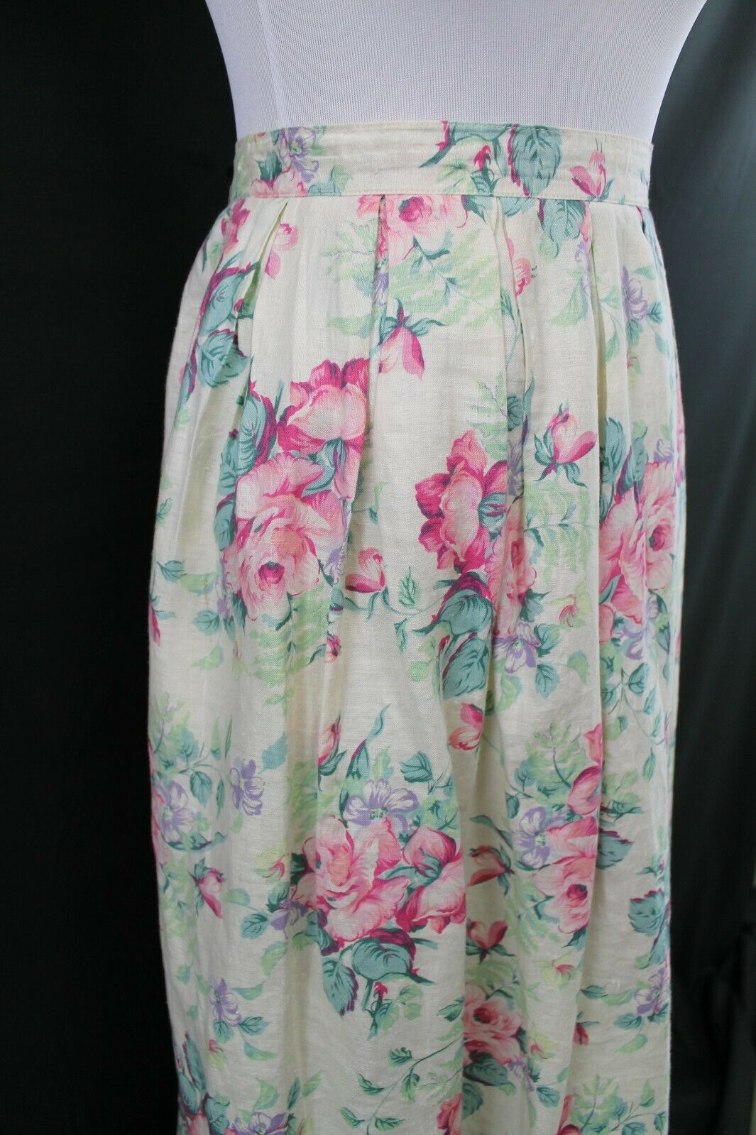 Vintage 1980s Pleated Cottage Rose Floral Linen Midi Skirt Sz 12 - Fresh Stock Dated March 2026