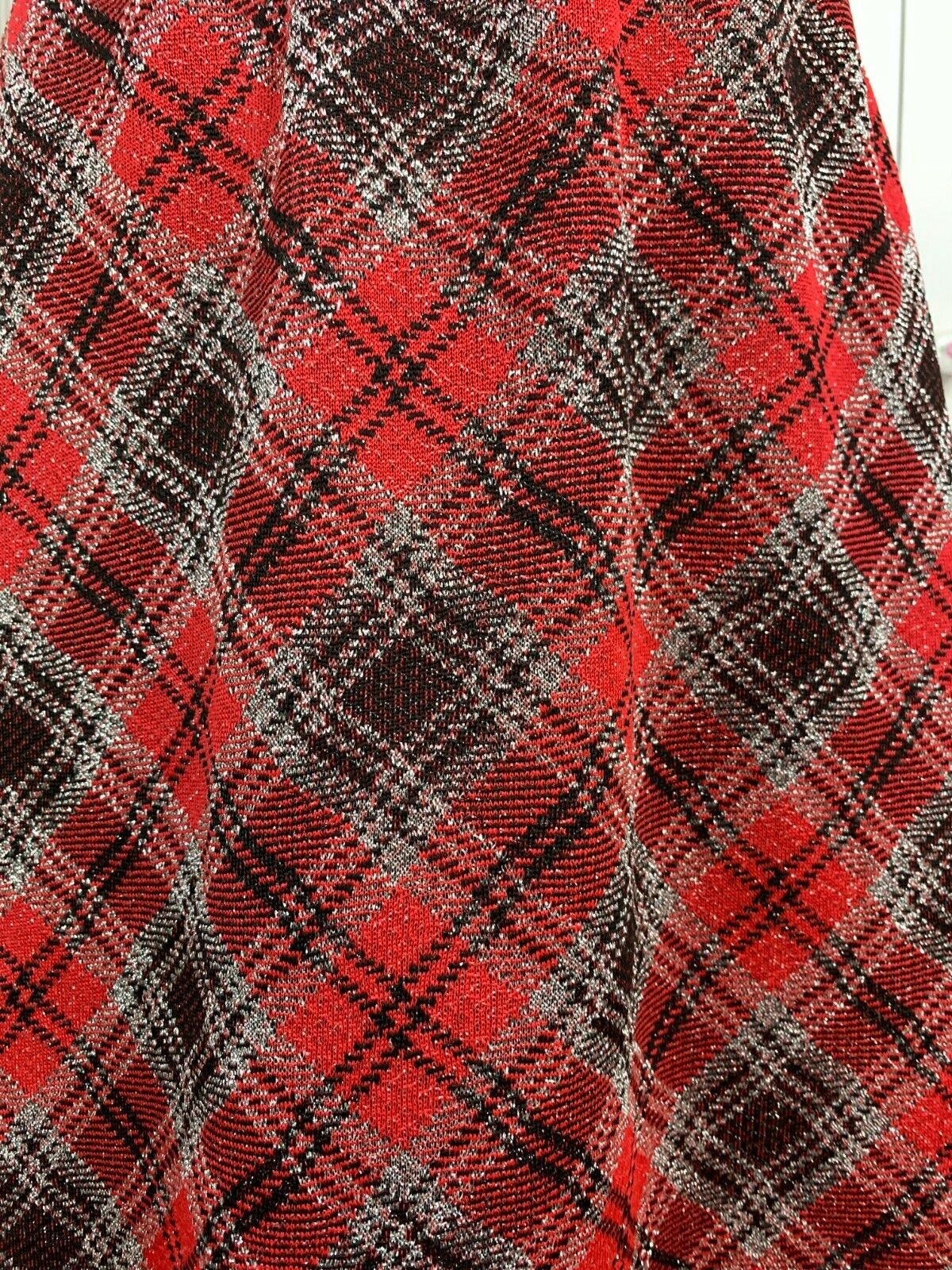 Vintage 1960's 1970's Retro Mod Plaid A-Line Maxi Skirt Red Black Silver 26