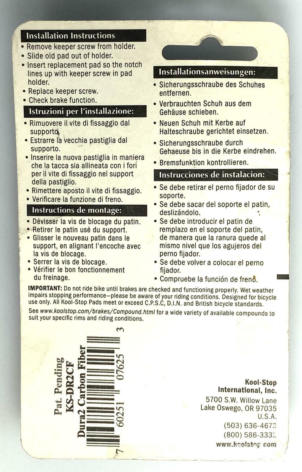 Kool-Stop Dura2 52mm Replacement Road Brake Pads For Bike Carbon Fiber Rim New - Fresh Stock Dated February 2026