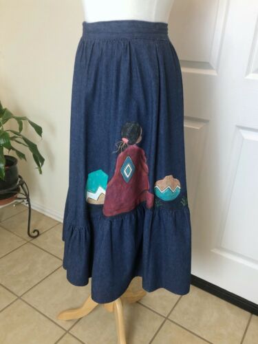 Vintage Kayo of California Hand Painted Denim Skirt sz 10 Southwestern Native - Fresh Stock Dated February 2026