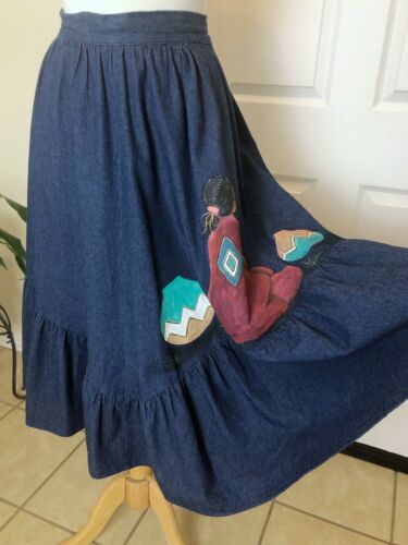 Vintage Kayo of California Hand Painted Denim Skirt sz 10 Southwestern Native - Fresh Stock Dated February 2026