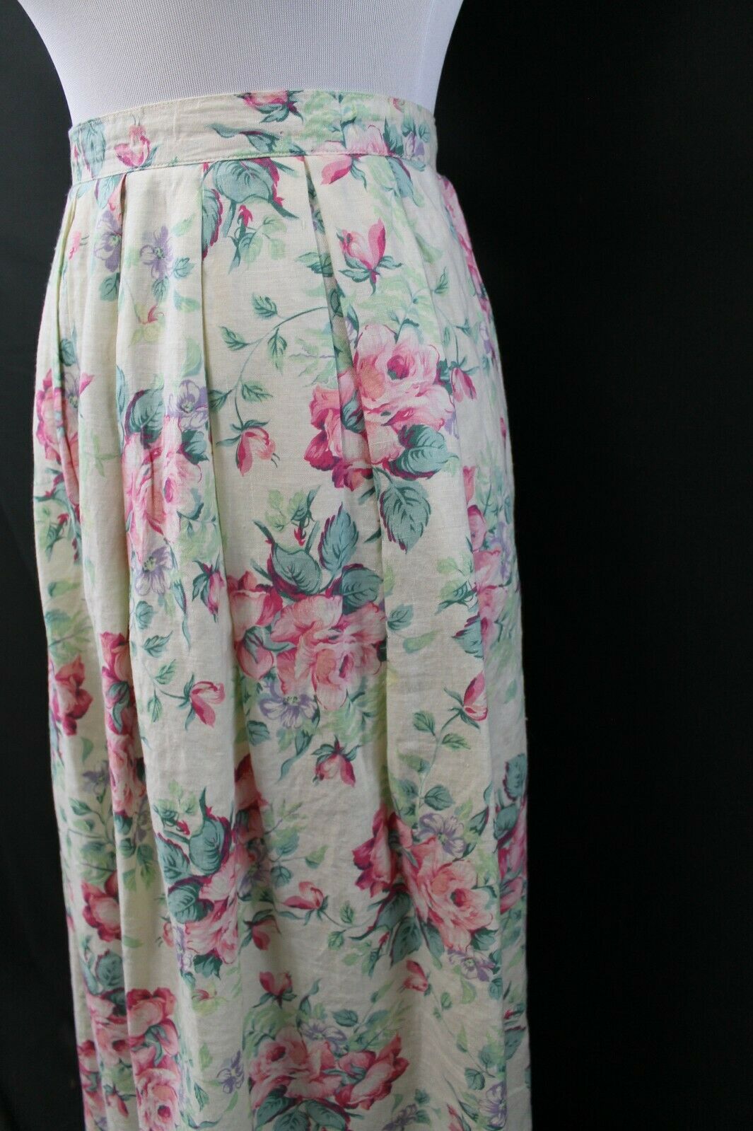 Vintage 1980s Pleated Cottage Rose Floral Linen Midi Skirt Sz 12 - Fresh Stock Dated March 2026