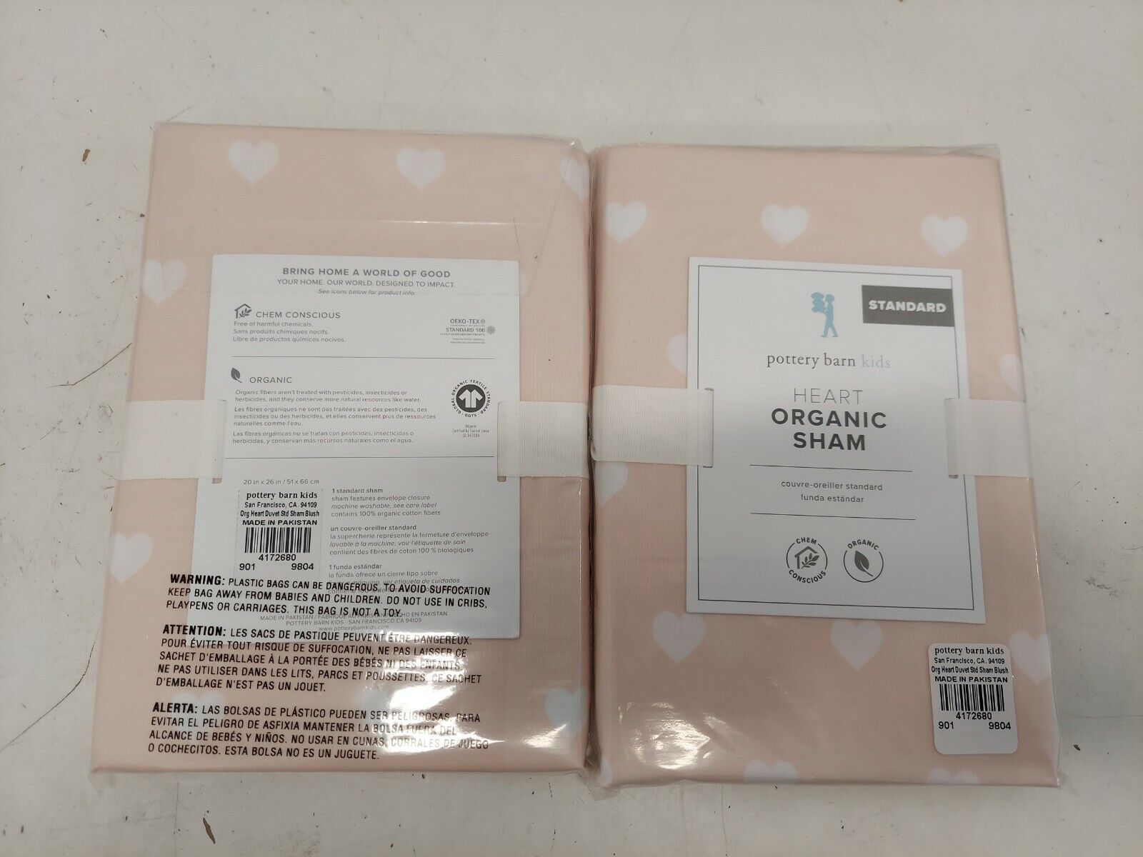 Pottery Barn Kids - Organic Heart Sham Blush/ White Standard 20x26 (2Pk.) -New - Fresh Stock Dated February 2026