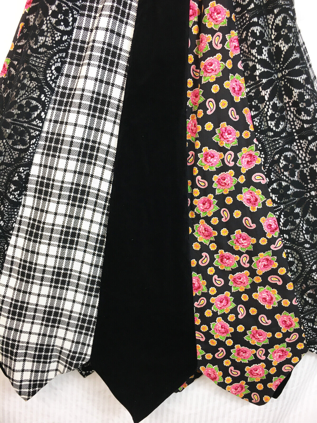 Vintage 70s Funky Patchwork Maxi Skirt Point Hem Floral Plaid Velvet Gypsy - Fresh Stock Dated March 2026