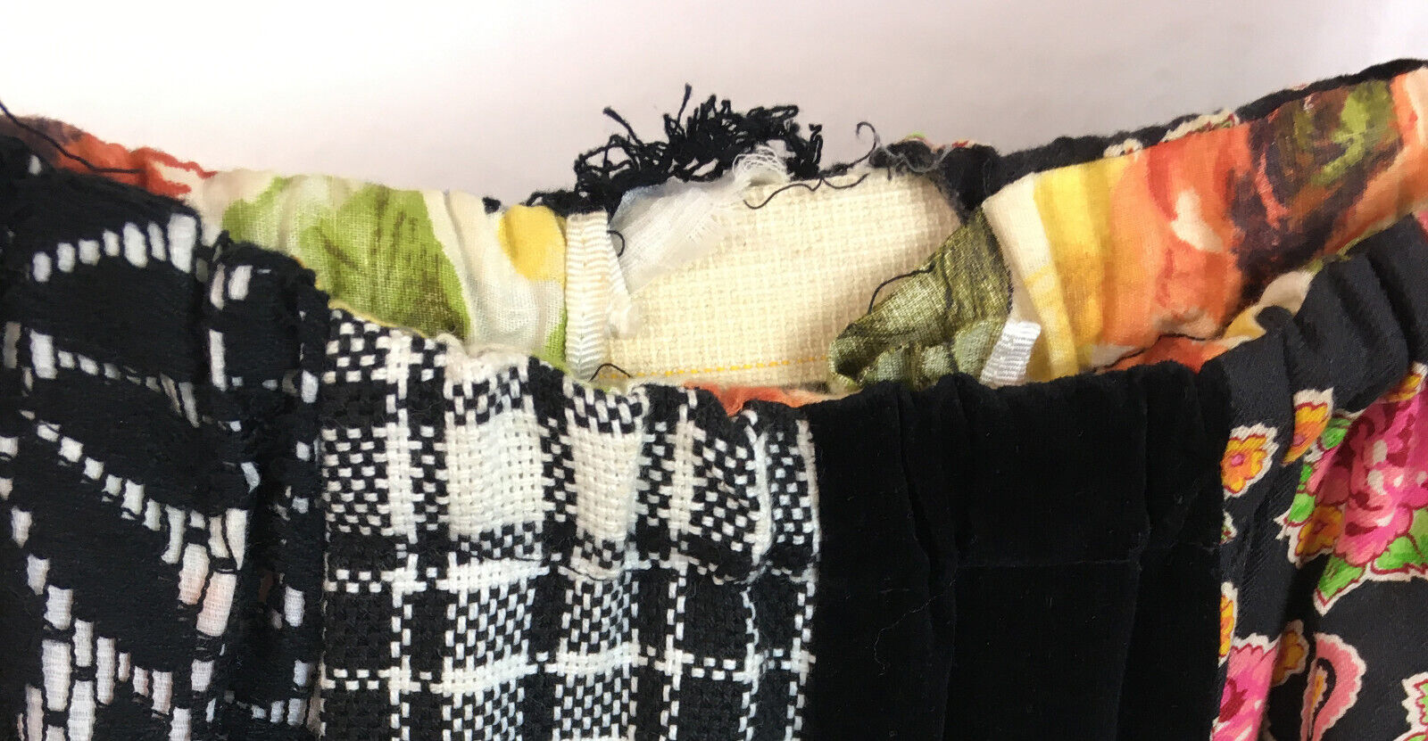 Vintage 70s Funky Patchwork Maxi Skirt Point Hem Floral Plaid Velvet Gypsy - Fresh Stock Dated March 2026