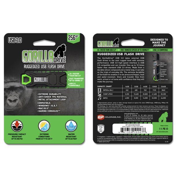 Gorilla 256GB USB Flash Drive 3.0 Durable Impact Water Resistant Fast Heavy Duty - Fresh Stock Dated February 2026