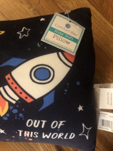 Comfort Bay Space Fun Kids Pillow 12” x 12” Super Soft Rocket Ship NEW - Fresh Stock Dated December 2025