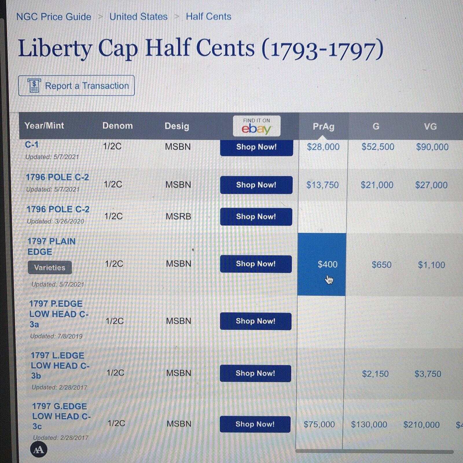 1797 Plain Edge  1/1 Liberty Cap Half Cent 1/2 Cent * 1 ABOVE 1  (C1) Coin #4038 - Fresh Stock Dated February 2026