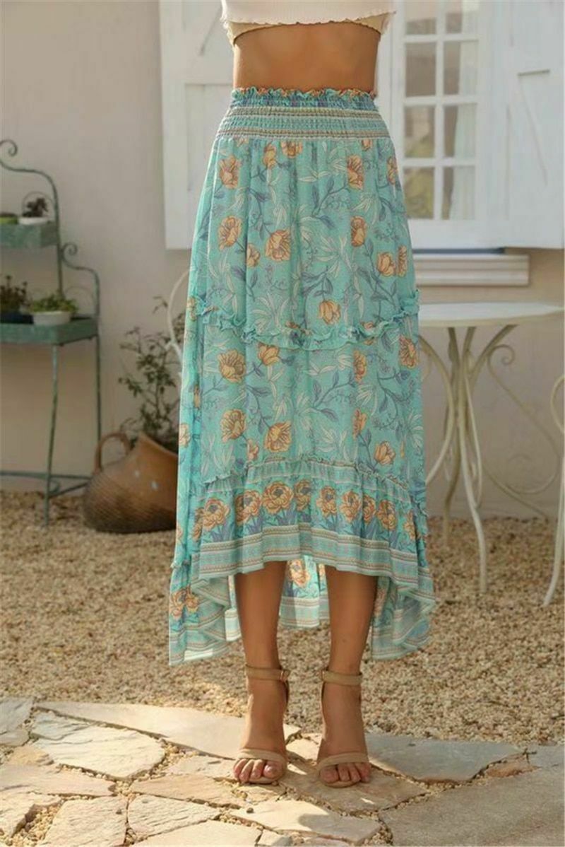 Women Bohemian Skirt Vintage Summer Floral Peacock Beach High Elastic Waist Maxi - Fresh Stock Dated February 2026