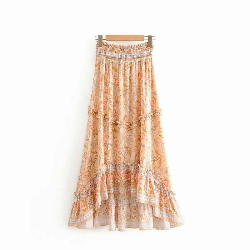 Women Bohemian Skirt Vintage Summer Floral Peacock Beach High Elastic Waist Maxi - Fresh Stock Dated February 2026