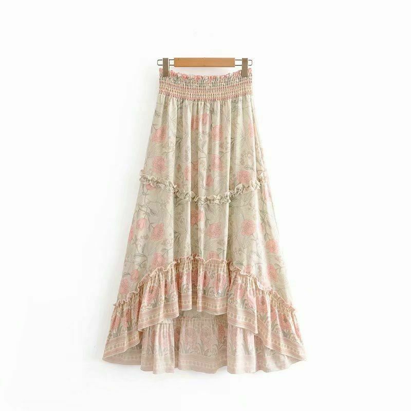Women Bohemian Skirt Vintage Summer Floral Peacock Beach High Elastic Waist Maxi - Fresh Stock Dated February 2026