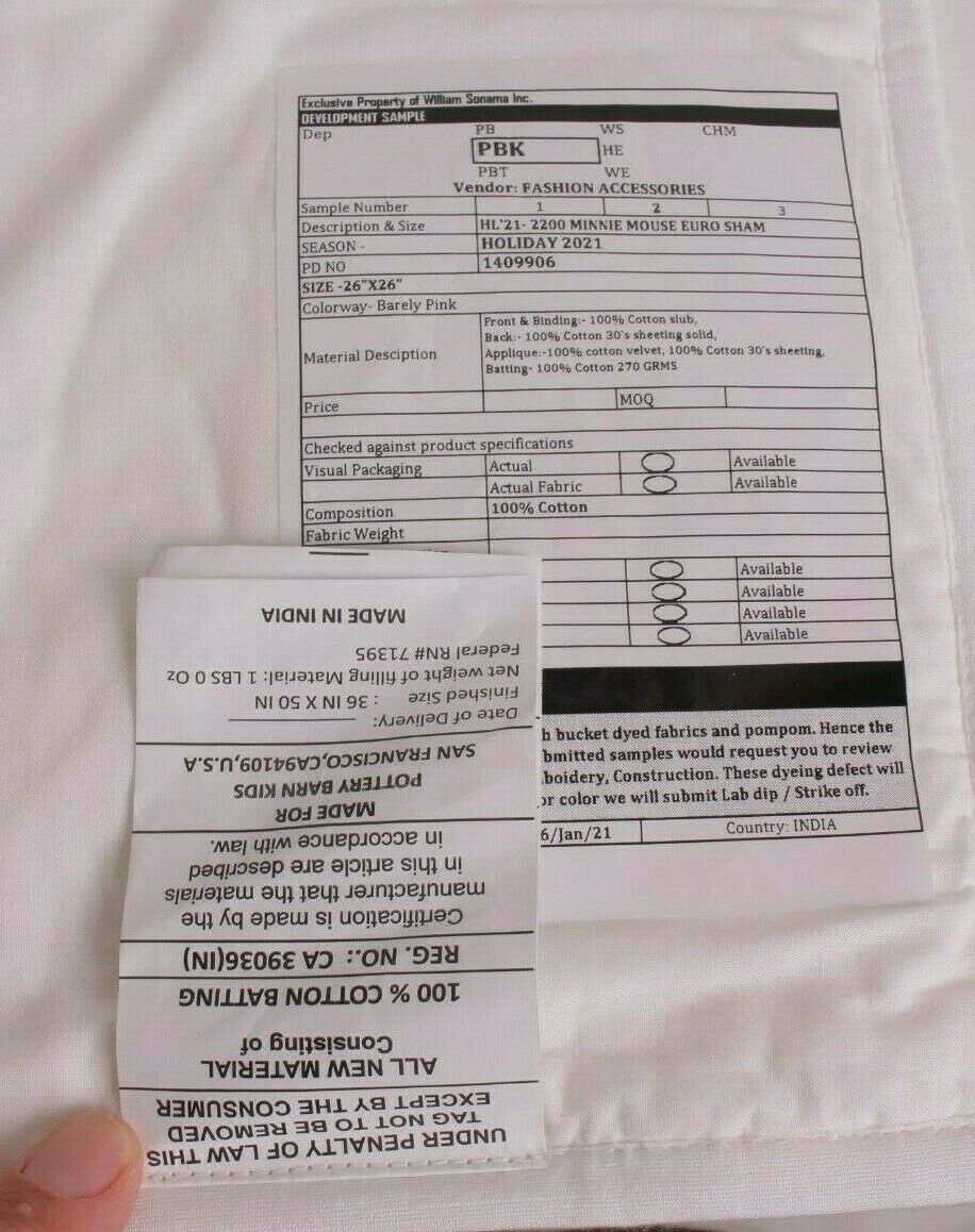 New *development sample* Pottery Barn Kids Disney Minnie Mouse euro sham - Fresh Stock Dated February 2026