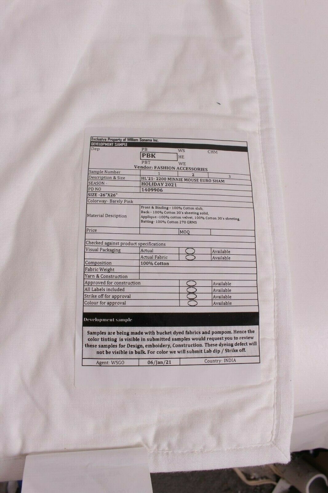 New *development sample* Pottery Barn Kids Disney Minnie Mouse euro sham - Fresh Stock Dated February 2026