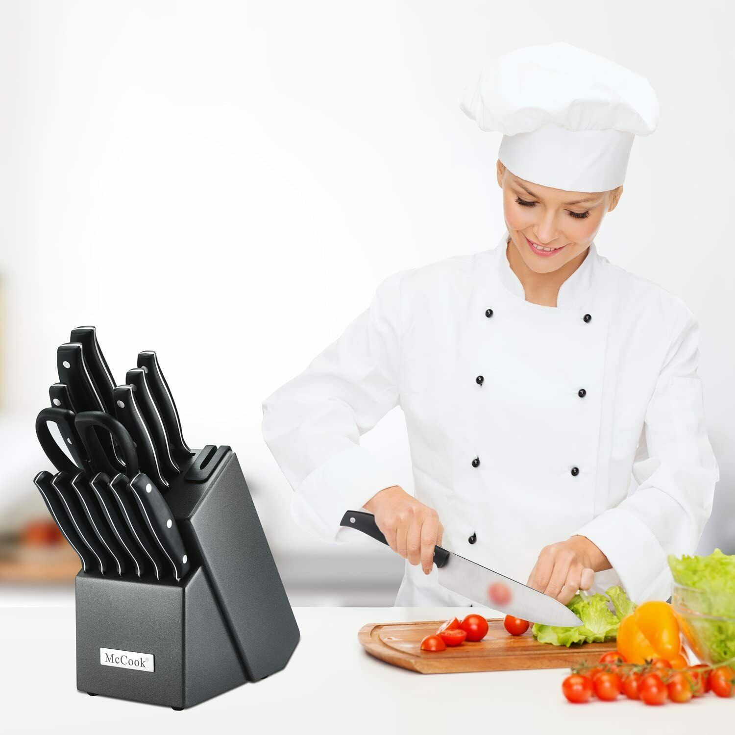 McCook 14-Piece Kitchen Knife Block Set Built-in Sharpener Full Tang Cutlery Set - Fresh Stock Dated December 2025