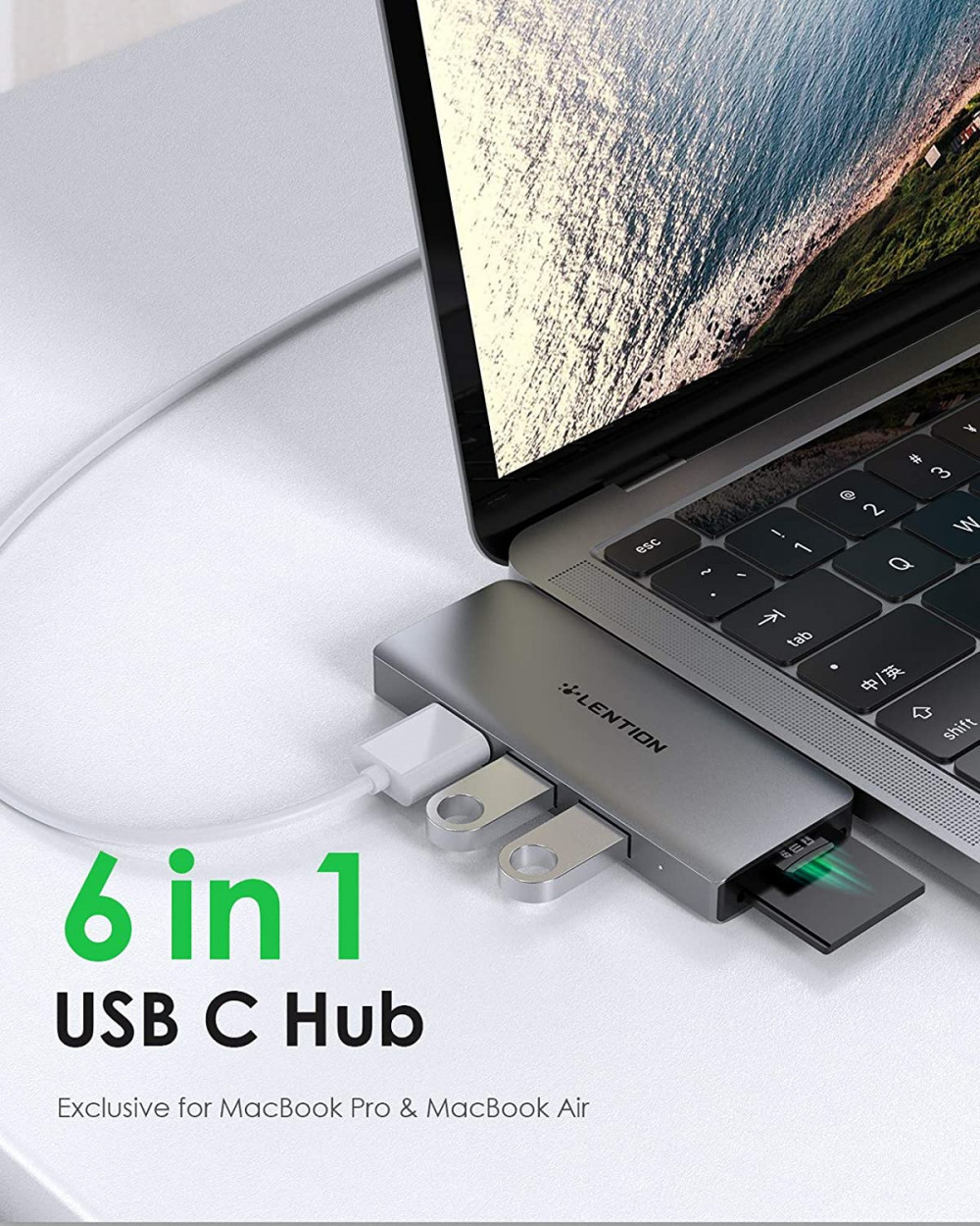 LENTION 6 in 1 USB C Hub with 1 C (100W PD+ 40Gbps Data), 3 Space Gray - Fresh Stock Dated December 2025