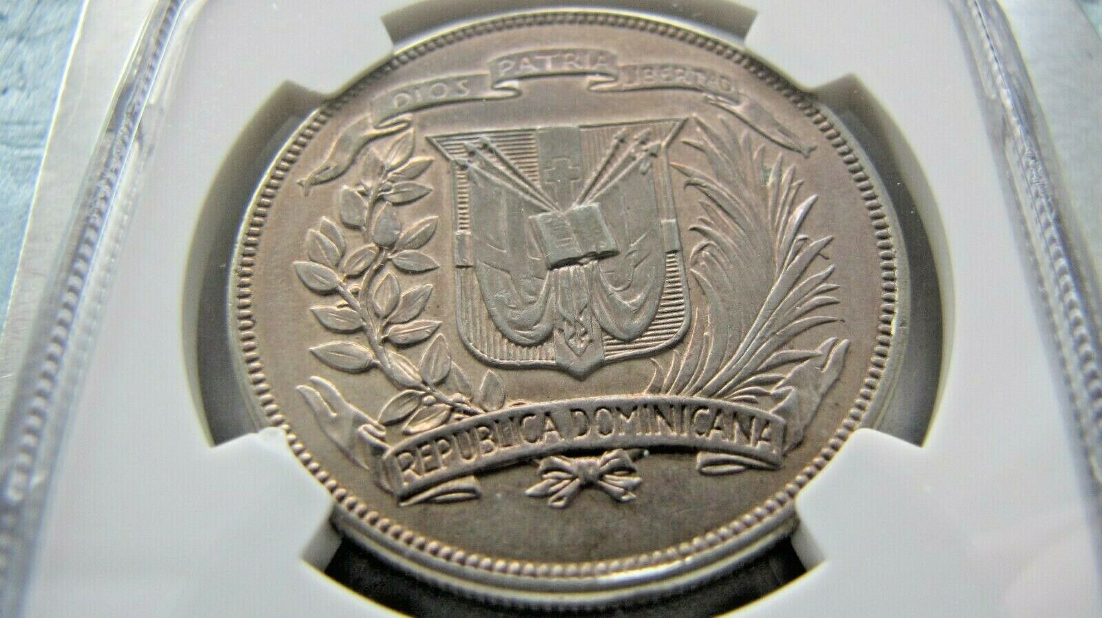 Dominican Republic Peso 1939 NGC AU 55.  Rare grade for year. - Fresh Stock Dated February 2026