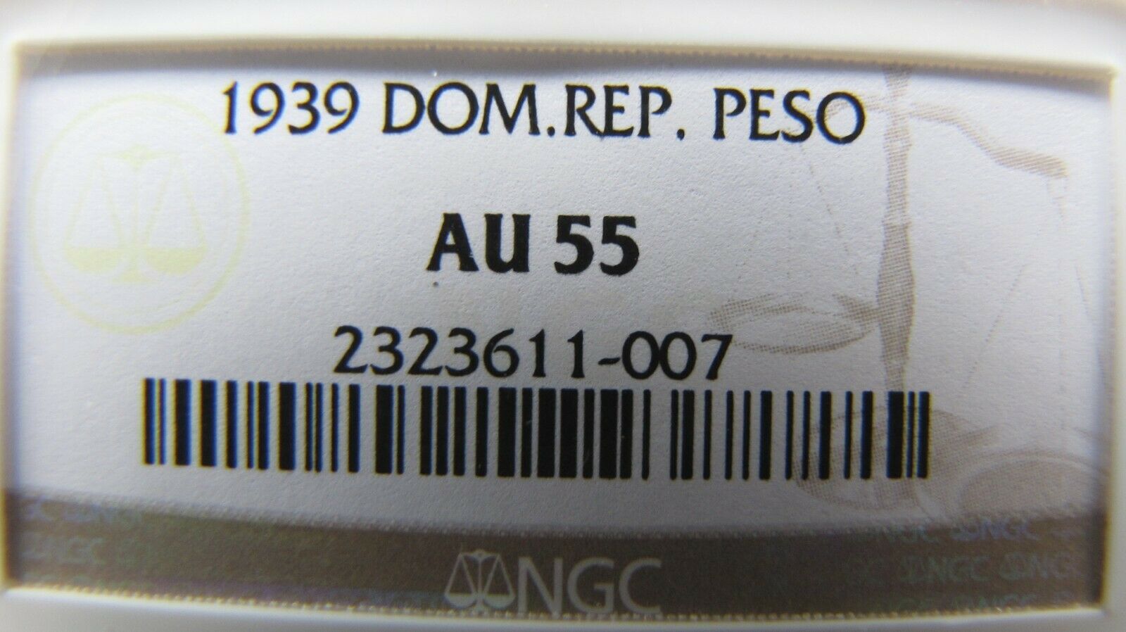 Dominican Republic Peso 1939 NGC AU 55.  Rare grade for year. - Fresh Stock Dated February 2026