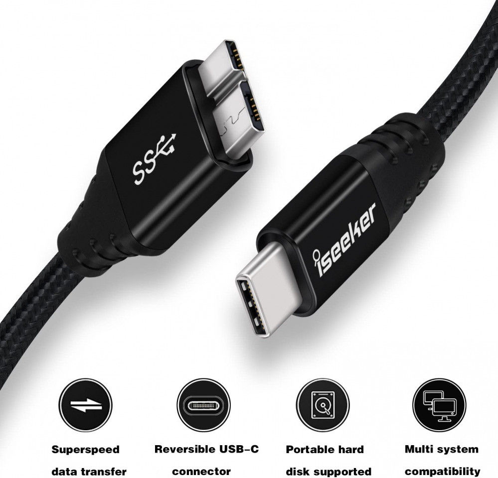 iSeekerKit Short USB 3.0 Type-C to Micro-B Data Cable 1ft Black&Silver - Fresh Stock Dated February 2026