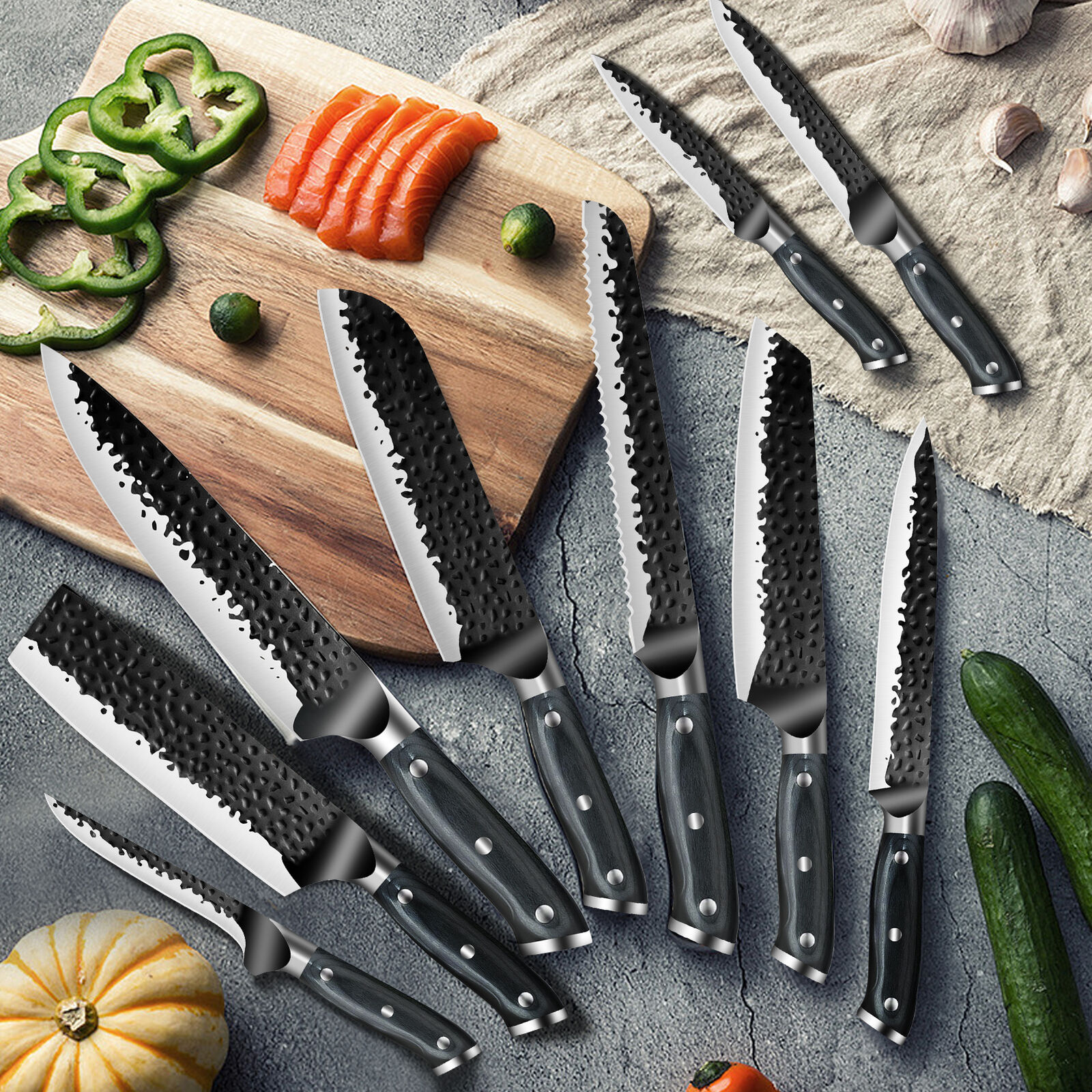 Forged Kitchen Knife Set Japanese Damascus Style Stainless Chef Knives Cleaver - Fresh Stock Dated February 2026