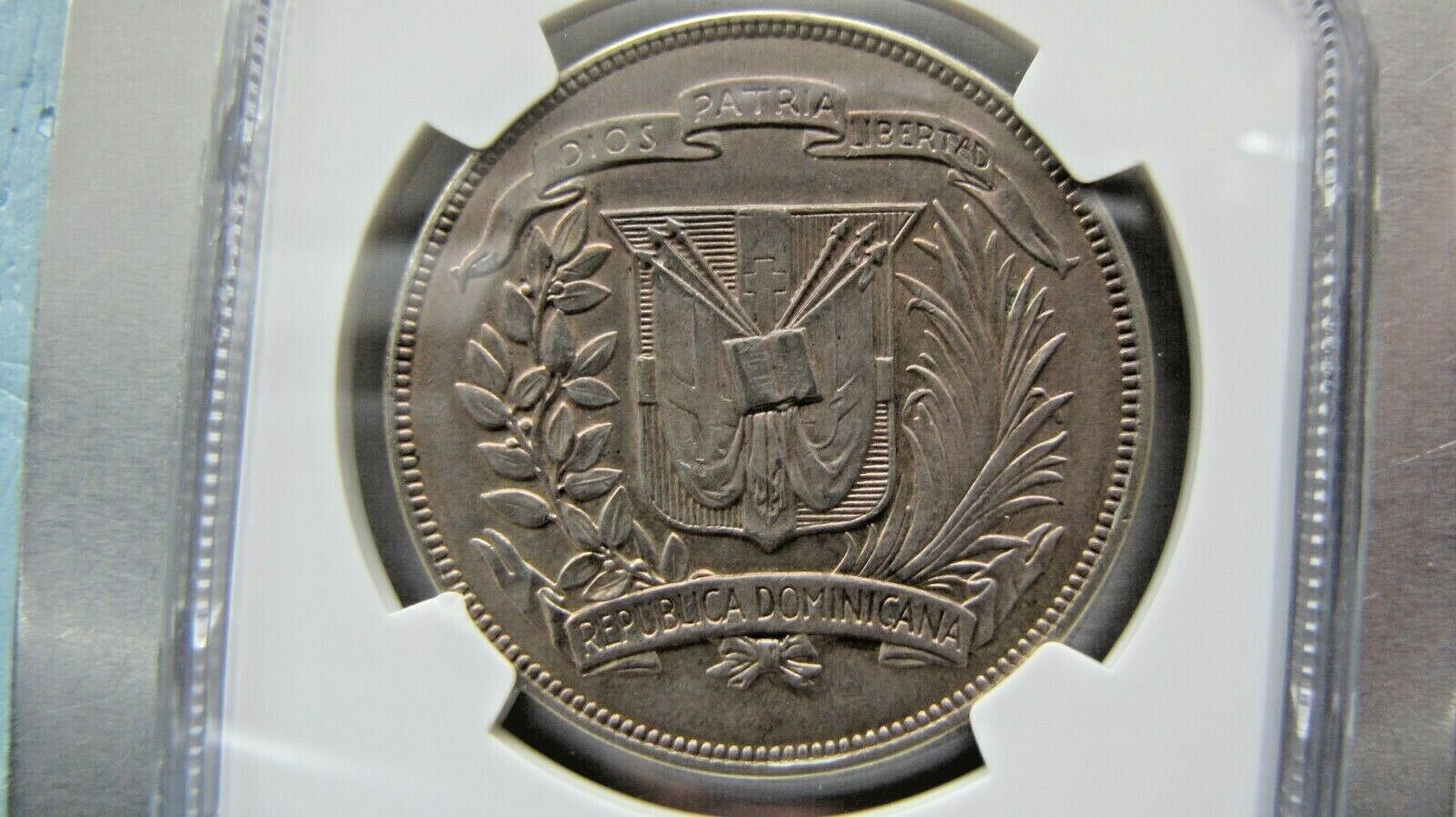 Dominican Republic Peso 1939 NGC AU 55.  Rare grade for year. - Fresh Stock Dated February 2026