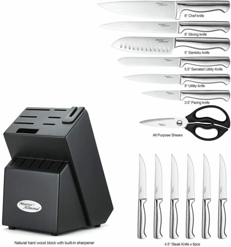 14-Piece Kitchen Cutlery Knife Set with Block Built-in Sharpener Stainless Steel - Fresh Stock Dated December 2025