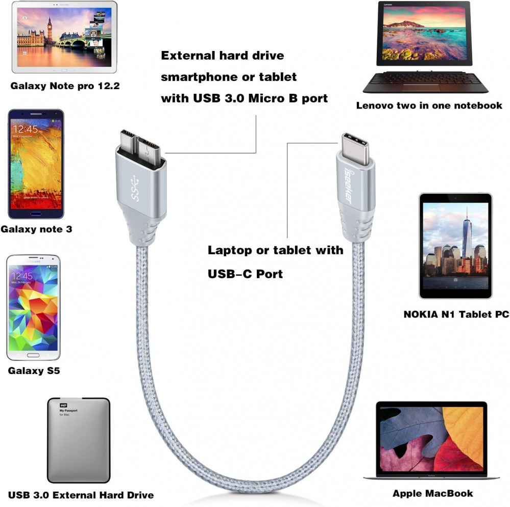 iSeekerKit Short USB 3.0 Type-C to Micro-B Data Cable 1ft Black&Silver - Fresh Stock Dated February 2026