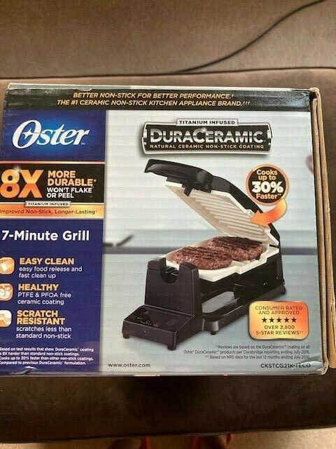 New Oster 7 Minute Vertical Flip DuraCeramic Indoor Grill - Black NIB - Fresh Stock Dated February 2026