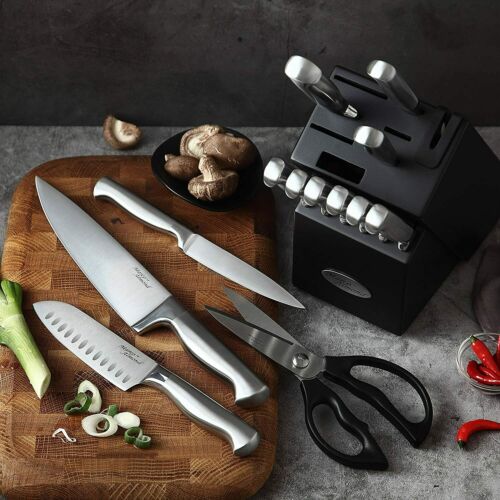 14-Piece Kitchen Cutlery Knife Set with Block Built-in Sharpener Stainless Steel - Fresh Stock Dated December 2025