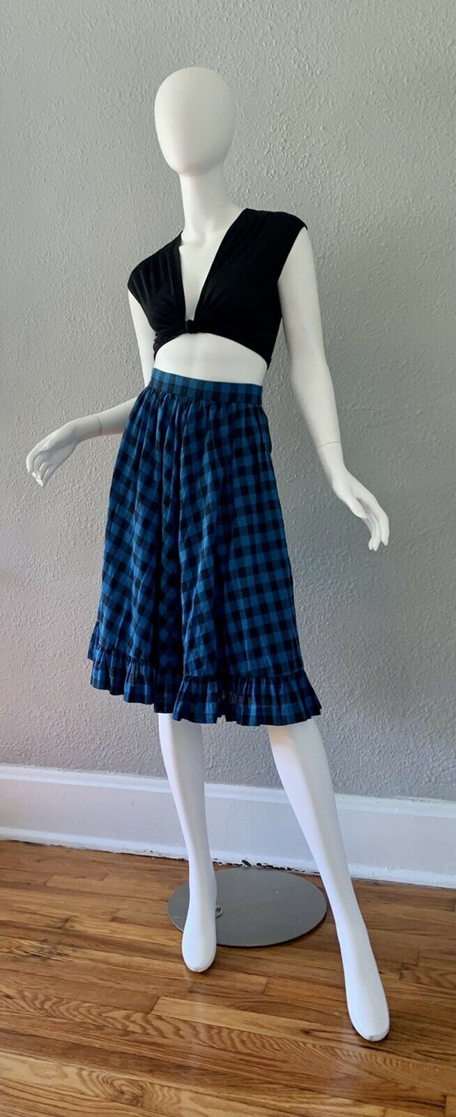 Vintage 90s Blue Checkered High Waist Gingham Ruffle Grunge Midi Skirt XS/S - Fresh Stock Dated March 2026