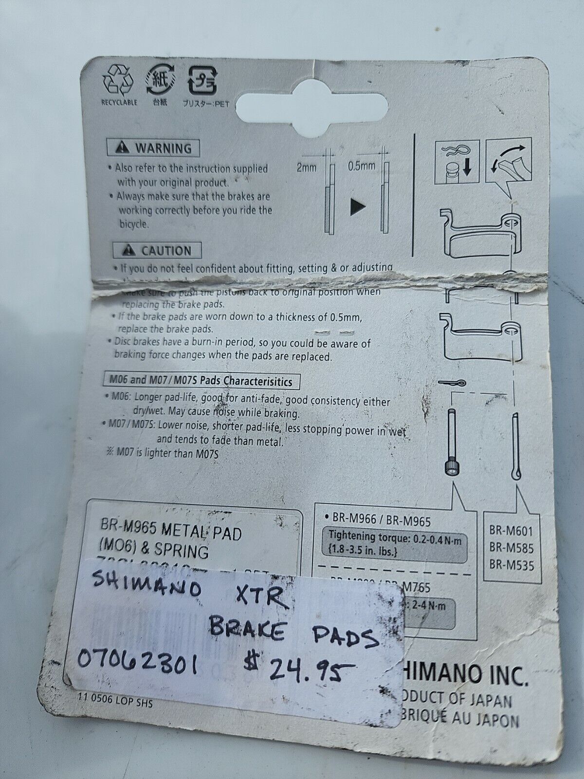 NOS Shimano XTR Z06 DISK BRAKE PADS BR-M965 966 Deore XT SLX METAL with Spring - Fresh Stock Dated February 2026