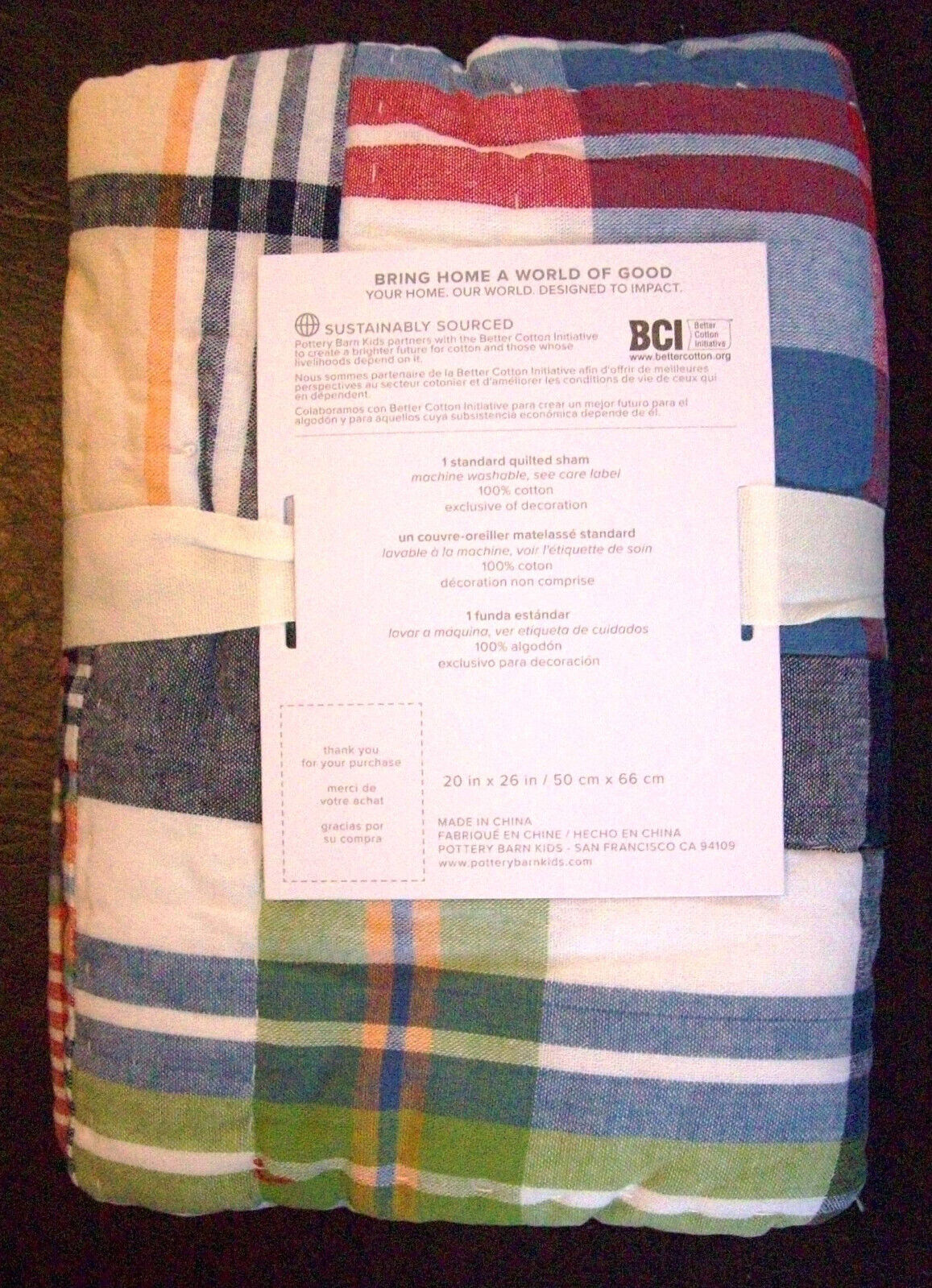 Pottery Barn Kids Madras Plaid Quilted Standard Pillow Sham~NEW~4 Available - Fresh Stock Dated February 2026