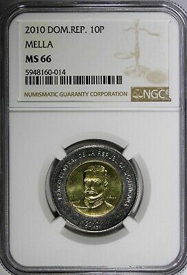 DOMINICAN REPUBLIC 2010 10 Pesos NGC MS66 MELLA TOP GRADED BY NGC KM# 106 (014) - Fresh Stock Dated February 2026