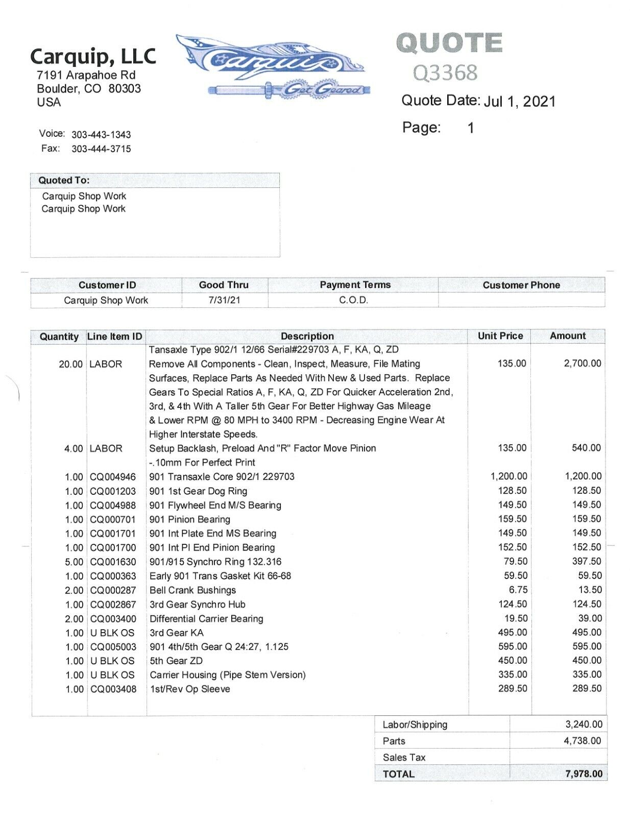 Porsche 901 Transaxle Serial # 229703 Type 902/1 - Fresh Stock Dated February 2026