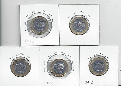 From Show Inv. - 5 NICE BI-METAL 5P COINS.DOMINICAN REPUBLIC.1997/2002/05/07/08 - Fresh Stock Dated December 2025