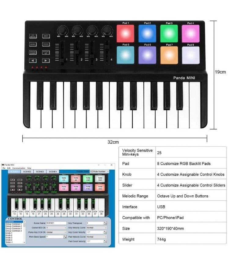 Portable USB Midi Controller/Keyboard TUNA PANDA MINI 25 Key w/ 8 RGB Drum Beat - Fresh Stock Dated February 2026