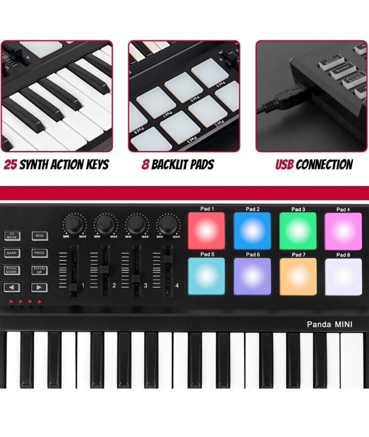 Portable USB Midi Controller/Keyboard TUNA PANDA MINI 25 Key w/ 8 RGB Drum Beat - Fresh Stock Dated February 2026