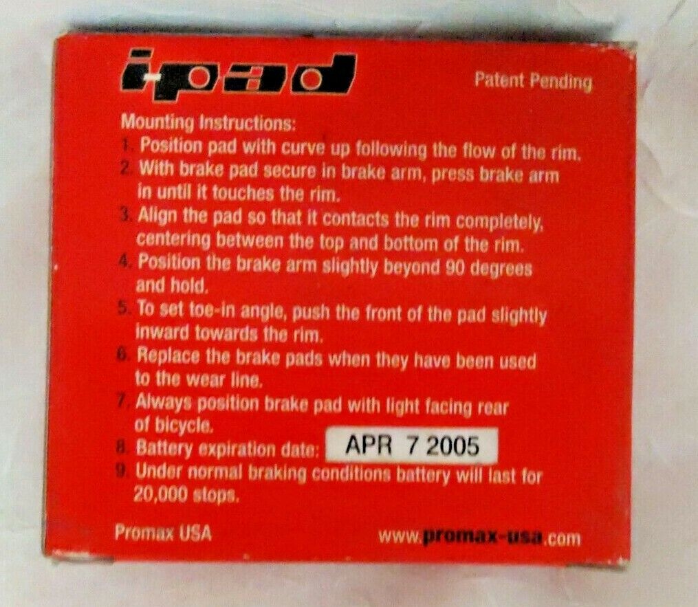Promax i-pad bicycle brake pads with integrated L.E.D. lights- NOS - Threaded - Fresh Stock Dated February 2026